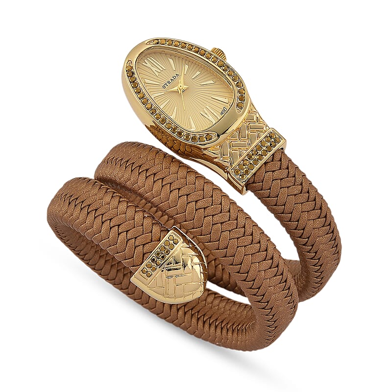  Strada Pink Austrian Crystal Japanese Movement Watch in Gold Faux Leather Braided Strap