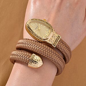 Doorbuster Strada Pink Austrian Crystal Japanese Movement Watch in Gold Faux Leather Braided Strap