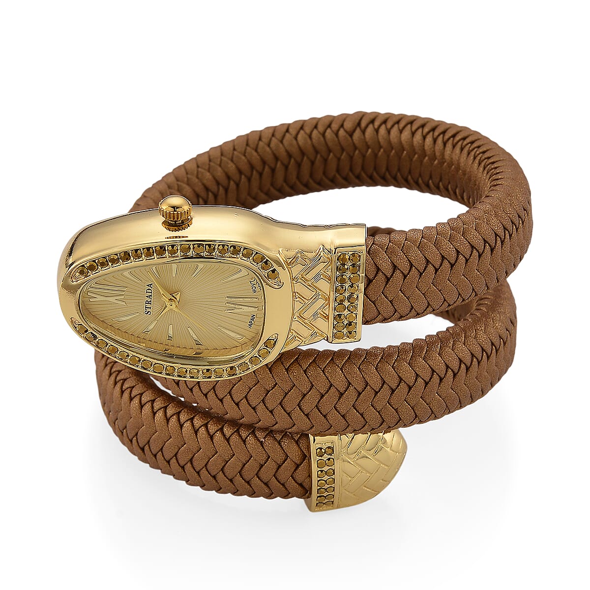 Doorbuster Strada Pink Austrian Crystal Japanese Movement Watch in Gold Faux Leather Braided Strap image number 3