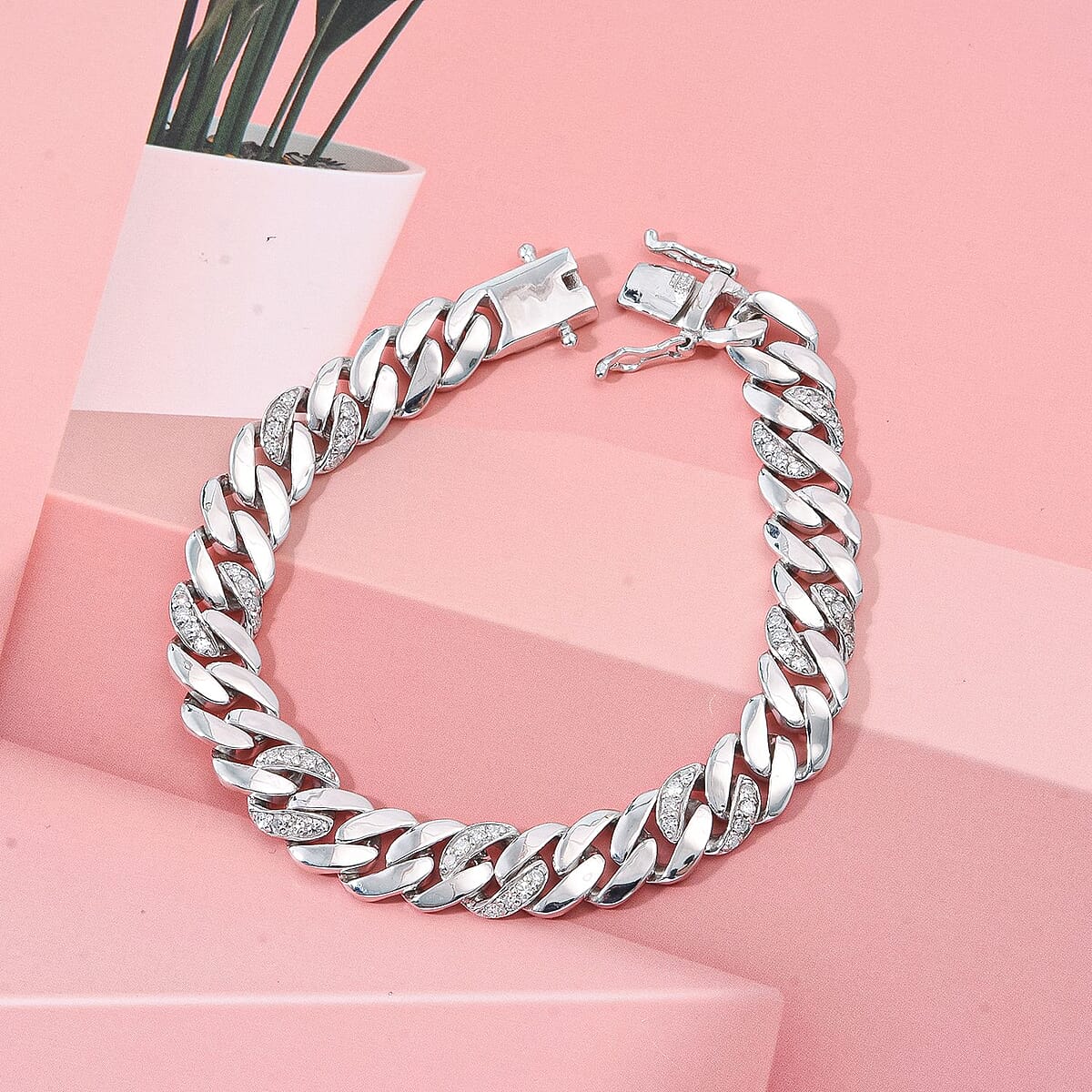 Luxuriant Lab Grown Diamond G-H SI 1.00 ctw Cuban Link Chain Bracelet in Rhodium Over Sterling Silver (7.25 In) image number 1