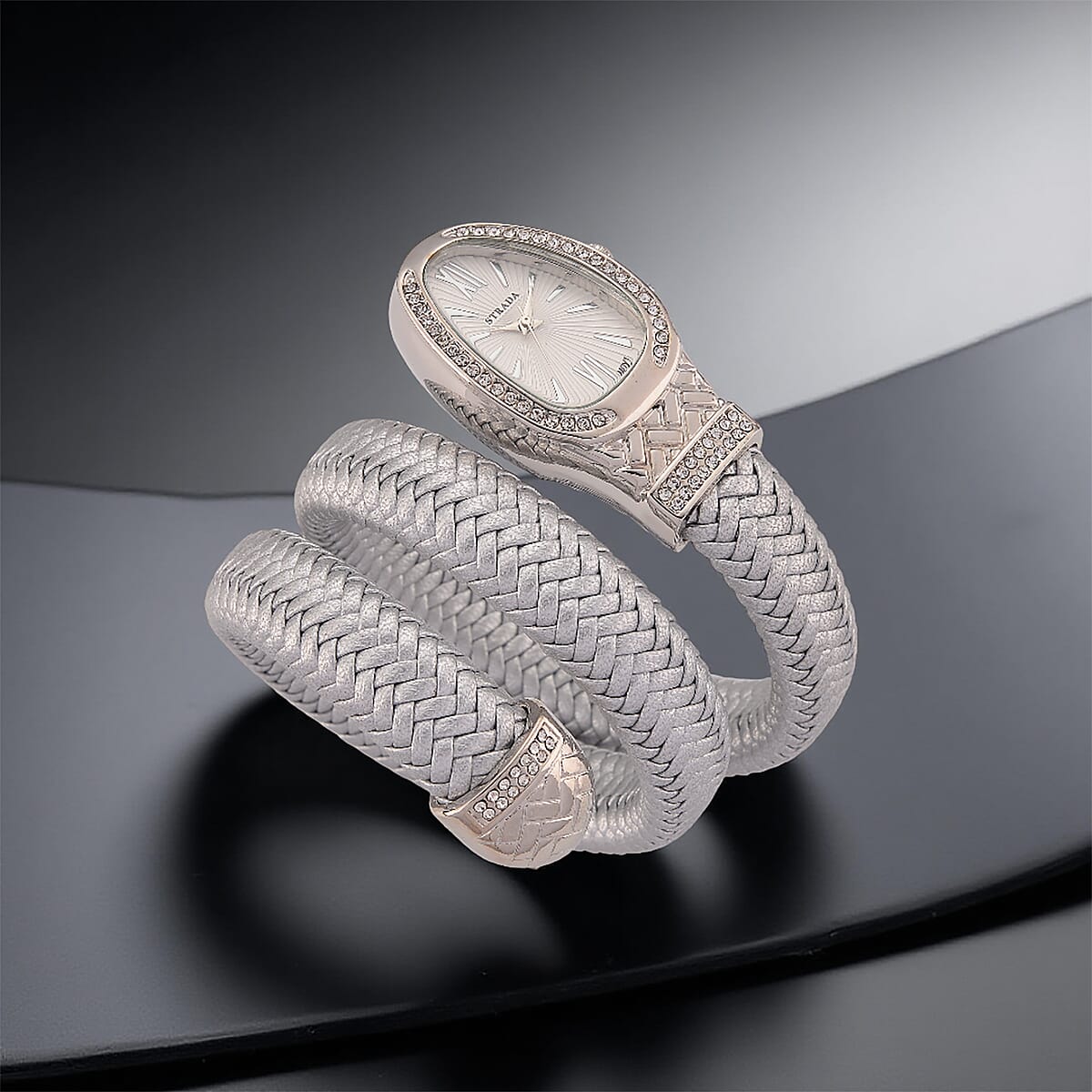  Strada Austrian Crystal Japanese Movement Watch in Silver Faux Leather Braided Strap image number 1