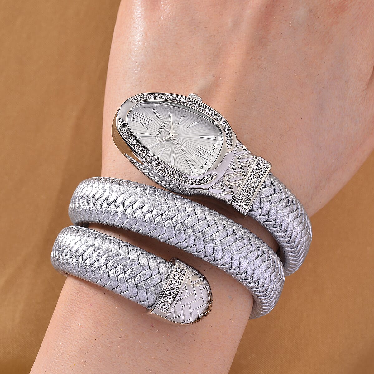  Strada Austrian Crystal Japanese Movement Watch in Silver Faux Leather Braided Strap image number 2