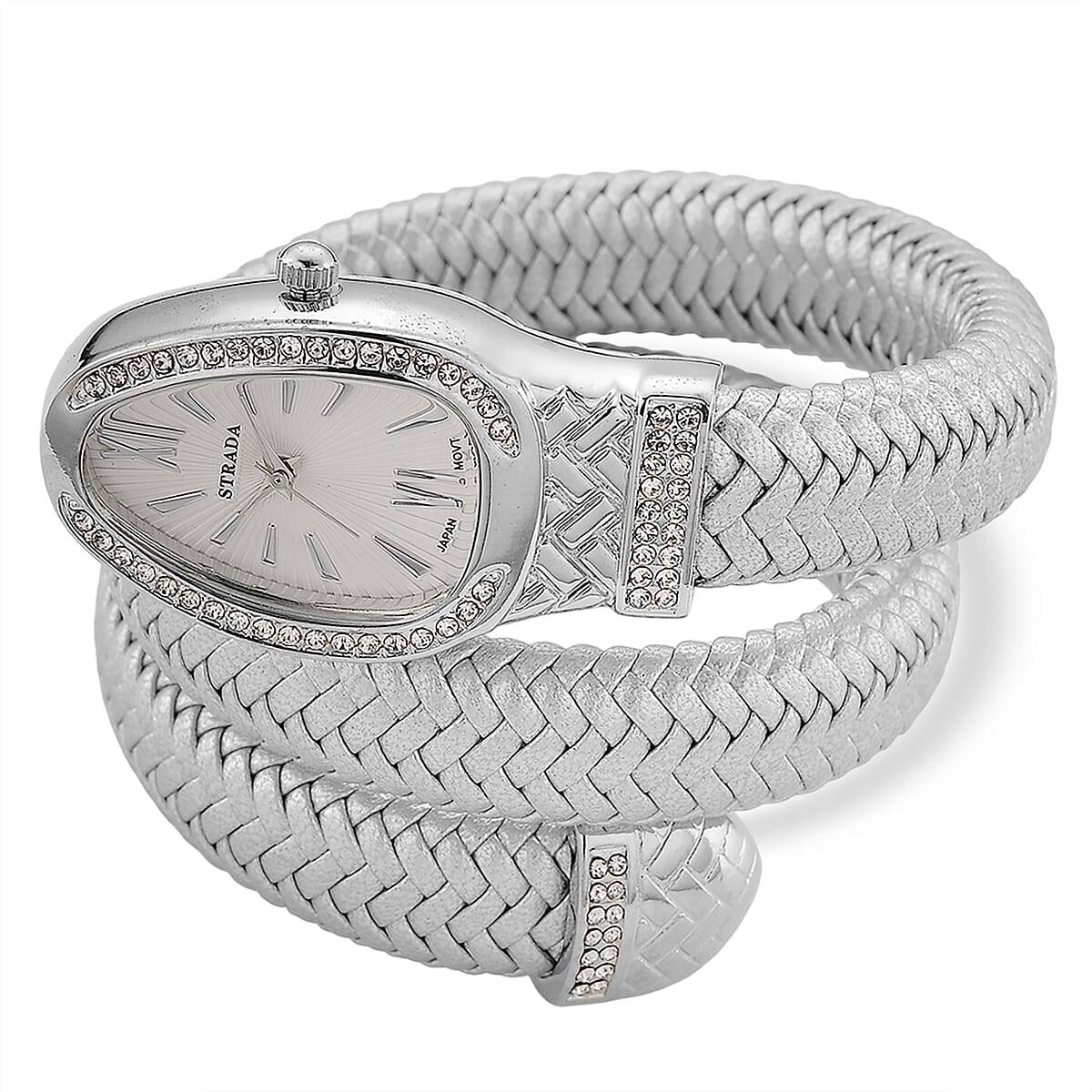  Strada Austrian Crystal Japanese Movement Watch in Silver Faux Leather Braided Strap image number 3