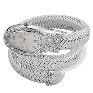  Strada Austrian Crystal Japanese Movement Watch in Silver Faux Leather Braided Strap