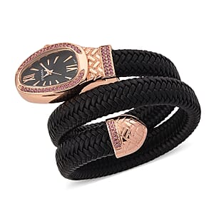  Strada Pink Austrian Crystal Japanese Movement Watch in Black Faux Leather Braided Strap