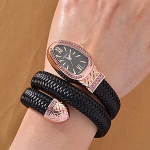  Strada Pink Austrian Crystal Japanese Movement Watch in Black Faux Leather Braided Strap