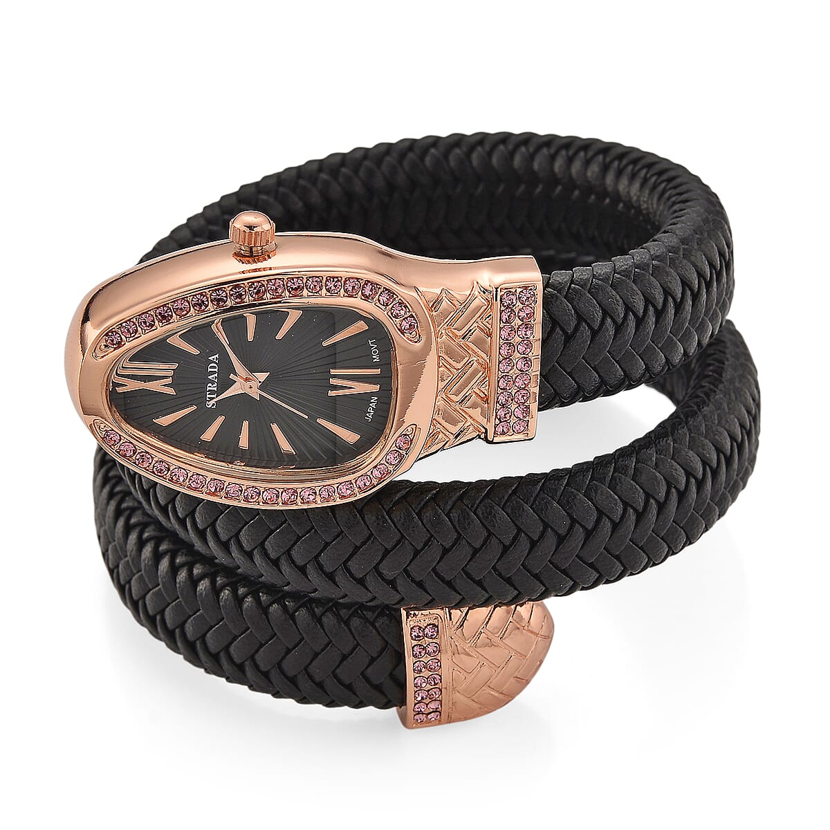  Strada Pink Austrian Crystal Japanese Movement Watch in Black Faux Leather Braided Strap image number 2