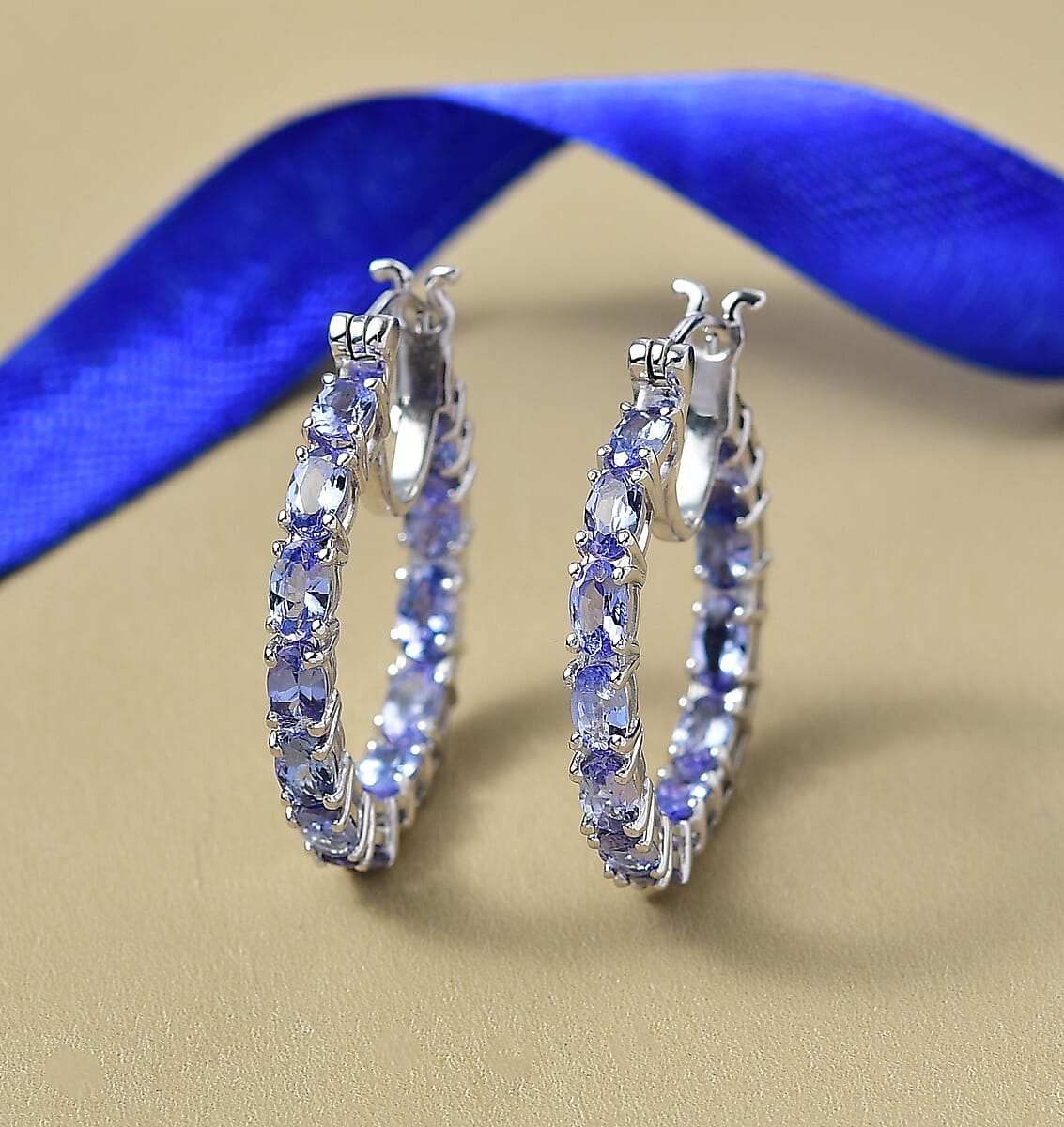 Doorbuster D'Joy Tanzanite 5.70 ctw Blue Floral Vine Hoop Earrings in Rhodium Over Sterling Silver image number 1