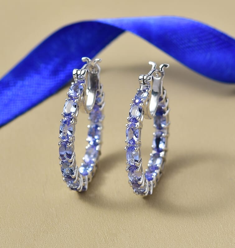 Doorbuster D'Joy Tanzanite Hoop Earrings in Rhodium Over Sterling Silver 5.70 ctw