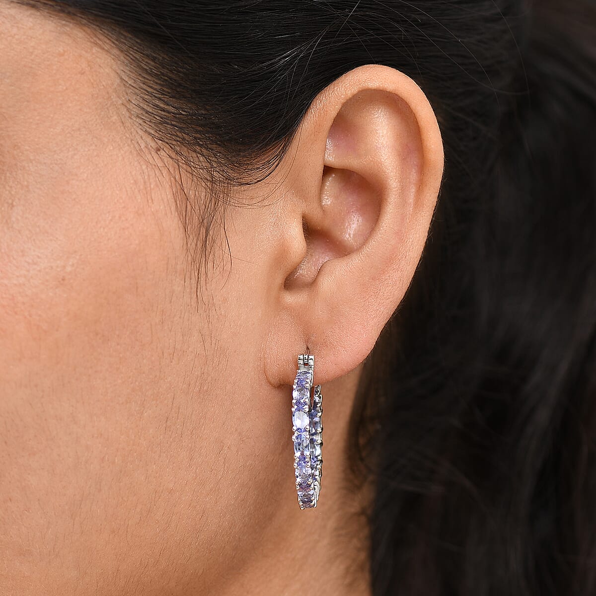 Doorbuster D'Joy Tanzanite 5.70 ctw Blue Floral Vine Hoop Earrings in Rhodium Over Sterling Silver image number 2