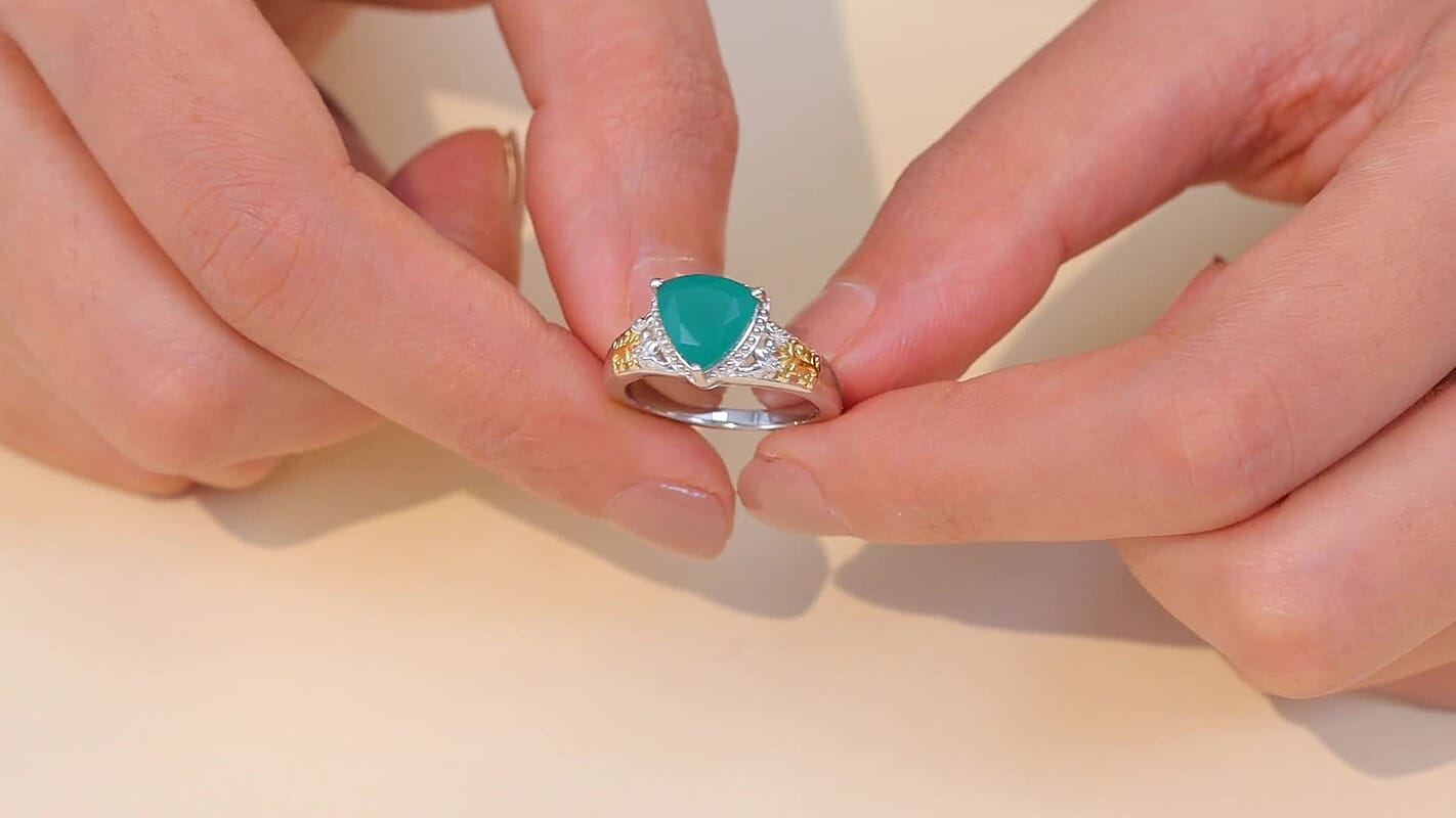 EverTrue Verde Onyx, White Zircon Ring in 18K YG Plated and Platinum Bond (Size 10.0) 2.25 ctw
