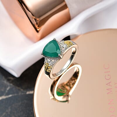 EverTrue Verde Onyx, White Zircon Ring in 18K YG Plated and Platinum Bond 2.25 ctw (Size 10.0)