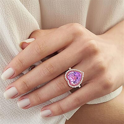 AAA Patroke Kunzite, Pink Sapphire, Lab Grown Diamond Love Ring in 10K Rose Gold 12.20 ctw (Size 5.0)