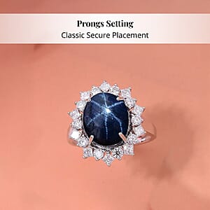 Premium Blue Star Sapphire (DF) 7.5) and Moissanite 9.15 ctw Starborn Majesty Ring in 10K White Gold (Size 10.0)
