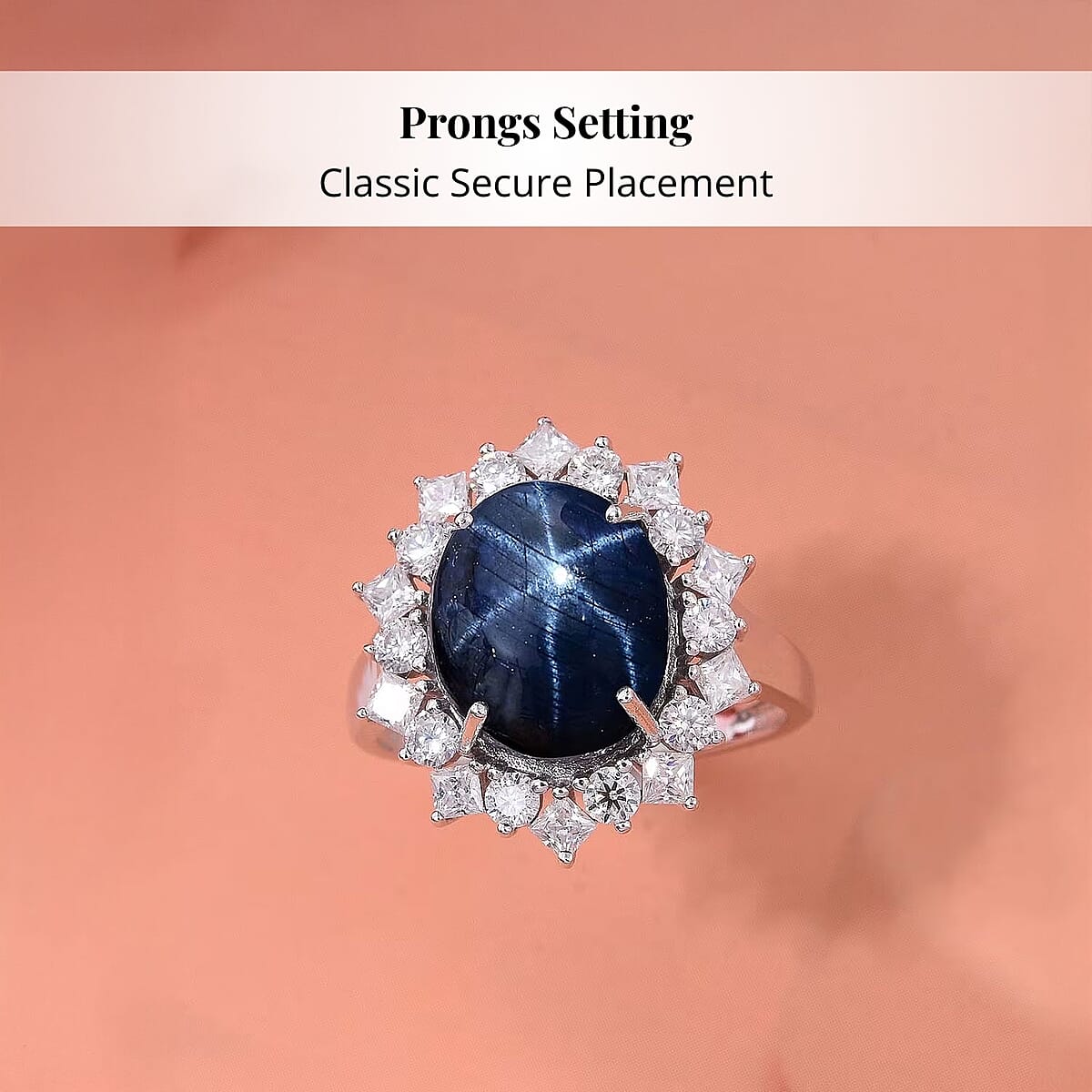 Premium Blue Star Sapphire (DF) 9.5) and Moissanite 9.15 ctw Starborn Majesty Ring in 10K White Gold (Size 10.0) image number 3