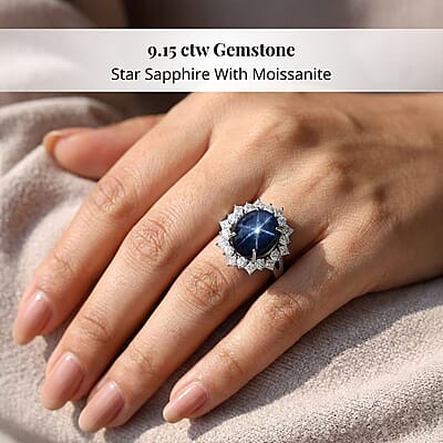 Premium Blue Star Sapphire (DF) 11.0) and Moissanite 9.15 ctw Starborn Majesty Ring in 10K White Gold (Size 10.0)