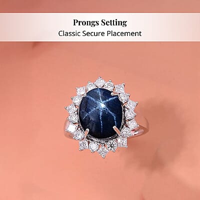 Premium Blue Star Sapphire (DF) 12.0) and Moissanite 9.15 ctw Starborn Majesty Ring in 10K White Gold (Size 10.0)