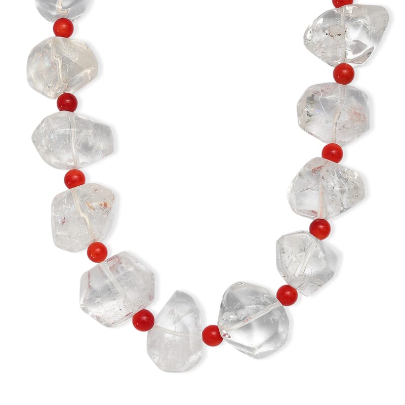 Crystal and Coral Beaded Necklace in Platinum Bond 20 Inches