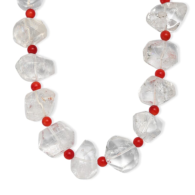 Crystal and Coral Beaded Necklace in Platinum Bond 20 Inches