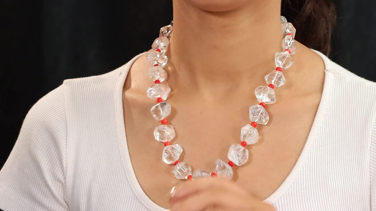 Crystal, Coral Beaded Necklace (20 Inches) in Platinum Bond