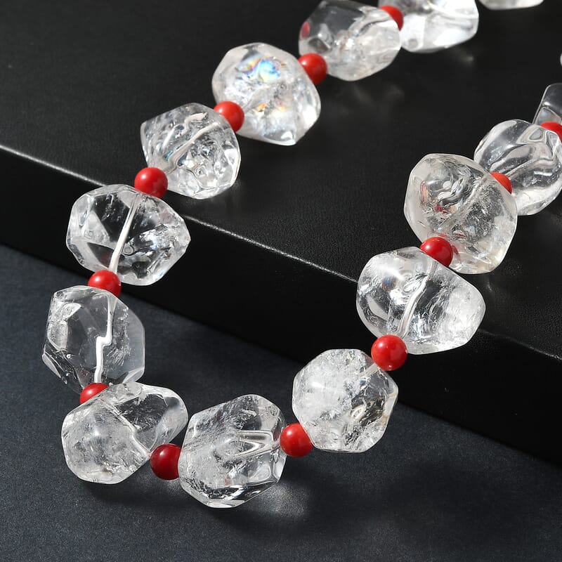 Crystal and Coral Beaded Necklace in Platinum Bond 20 Inches