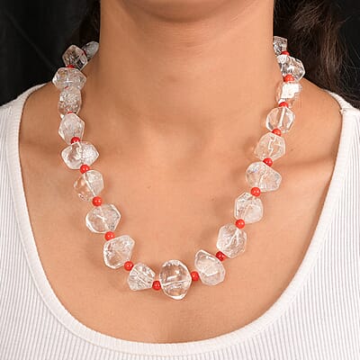 Crystal and Coral Beaded Necklace in Platinum Bond 20 Inches