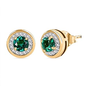 Lab Grown Colombian Emerald and Moissanite 1.15 ctw Earrings in Vermeil Yellow Gold Over Sterling Silver