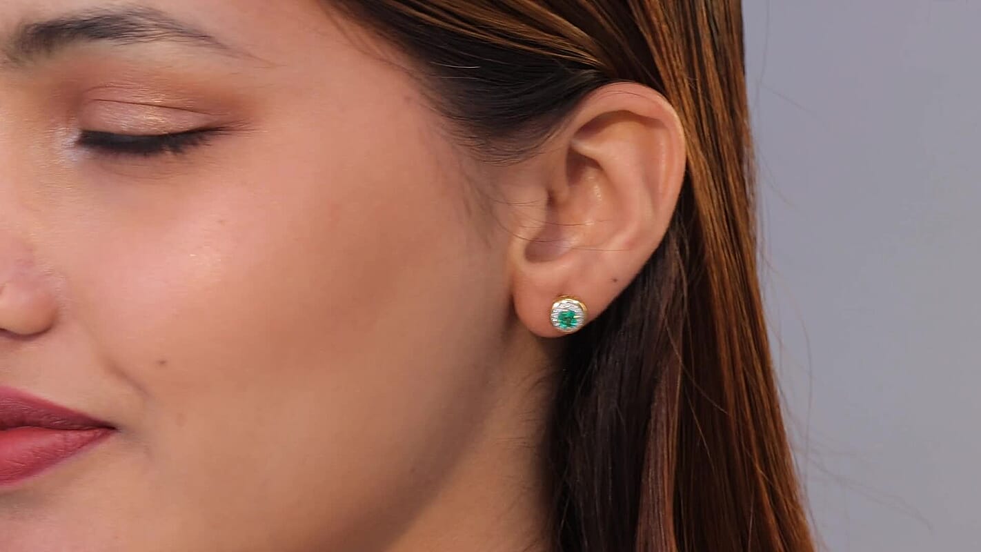 Lab Grown Colombian Emerald and Moissanite 1.15 ctw Earrings in Vermeil Yellow Gold Over Sterling Silver