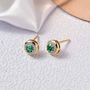 Lab Grown Colombian Emerald and Moissanite 1.15 ctw Earrings in Vermeil Yellow Gold Over Sterling Silver