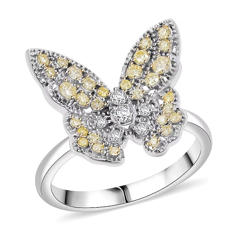 Luxuriant Lab Grown Yellow Diamond, Lab Grown Diamond (VS) Butterfly Ring in Rhodium Over Sterling Silver 0.50 ctw (Size 6.0)