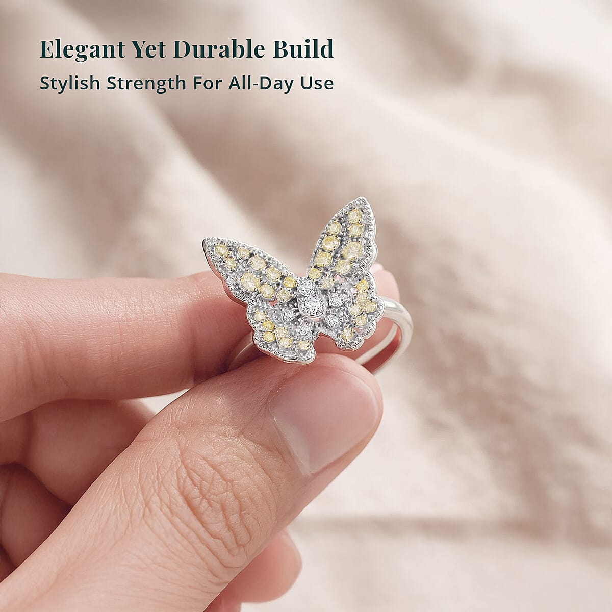 Luxuriant Lab Grown Yellow Diamond (IR) and Lab Grown Diamond VS 0.50 ctw Butterfly Ring in Rhodium Over Sterling Silver (Size 6.0) image number 5