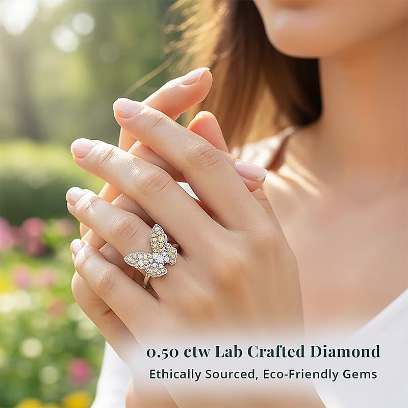 Luxuriant Lab Grown Yellow Diamond, Lab Grown Diamond Butterfly Ring in Rhodium Over Sterling Silver 0.50 ctw (Size 7.0)