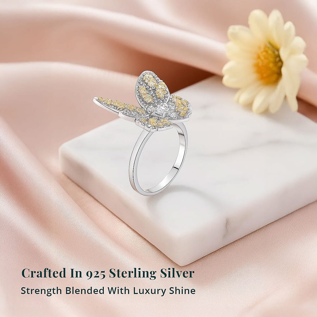 Luxuriant Lab Grown Yellow Diamond, Lab Grown Diamond Butterfly Ring in Rhodium Over Sterling Silver 0.50 ctw (Size 7.0) image number 2