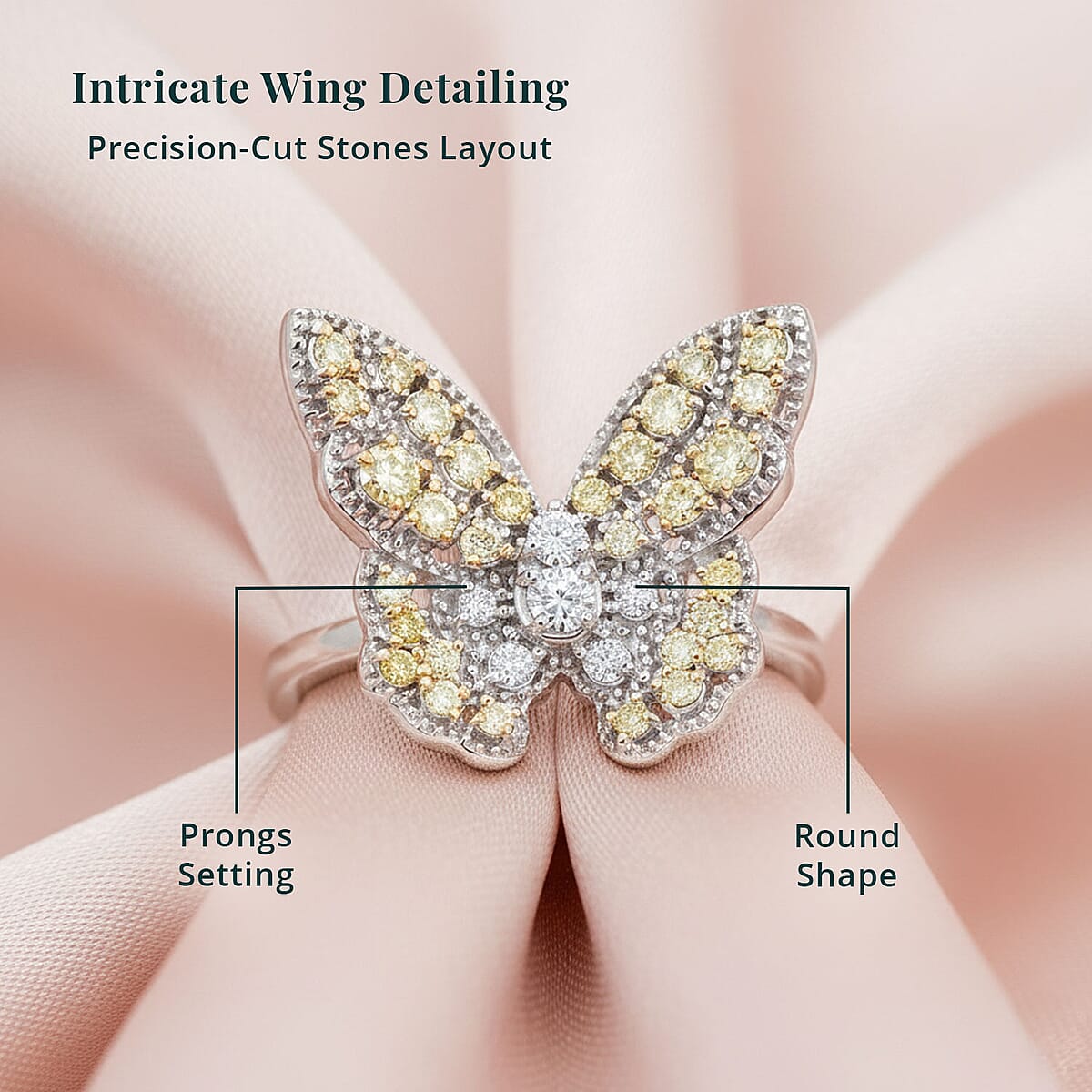 Luxuriant Lab Grown Yellow Diamond, Lab Grown Diamond Butterfly Ring in Rhodium Over Sterling Silver 0.50 ctw (Size 7.0) image number 4