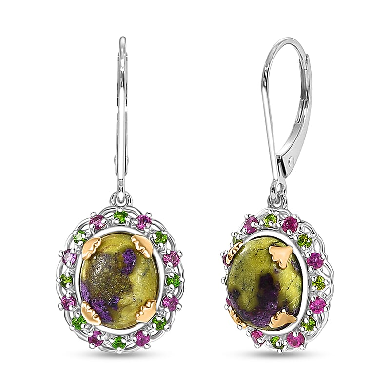 EverTrue Tasmanian Stichtite and Multi Gemstone 8.90 ctw Garden of the Earth Earrings in 18K YG Plated and Platinum Bond