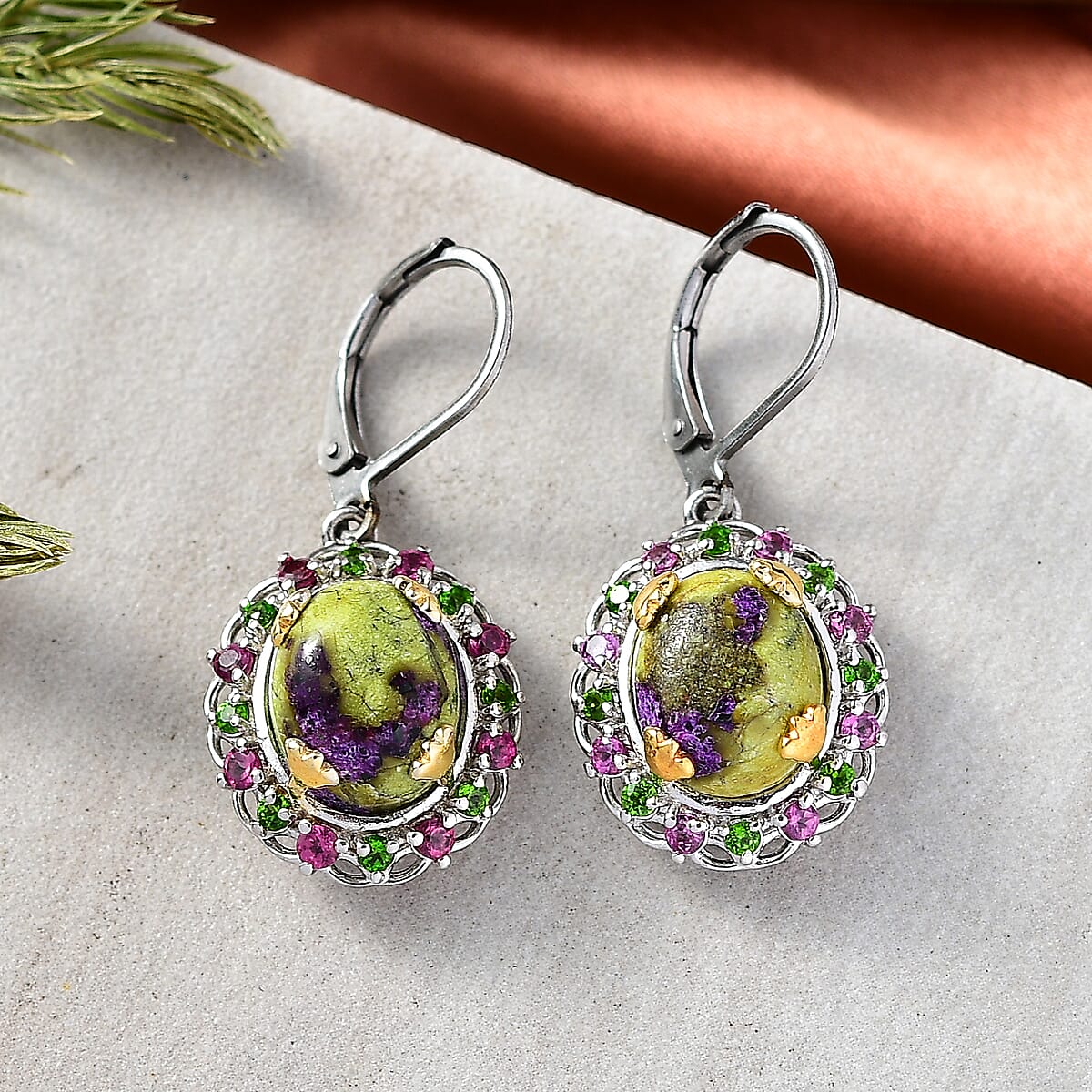 EverTrue Tasmanian Stichtite and Multi Gemstone 8.90 ctw Earrings in 18K YG Plated and Platinum Bond image number 1