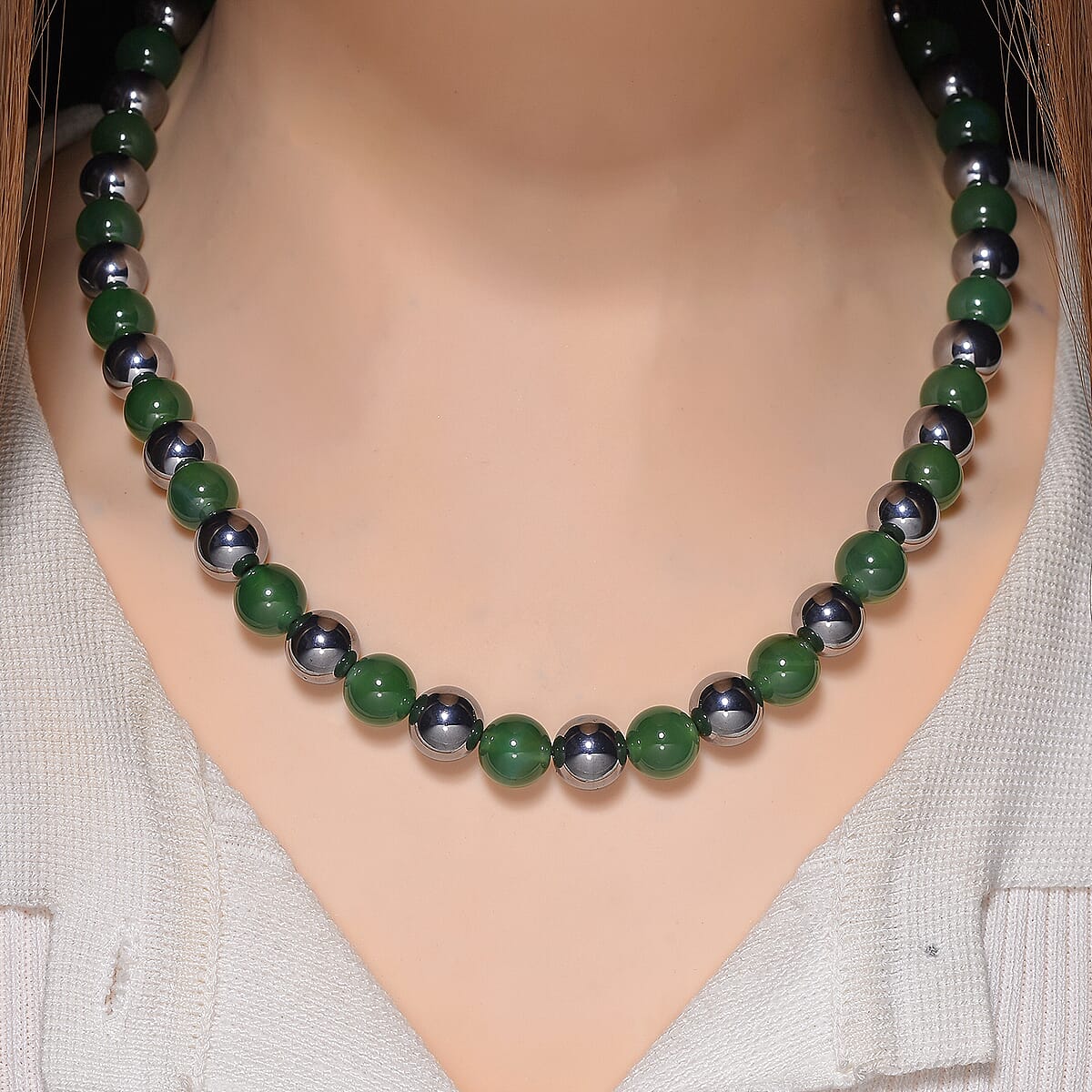 Green Onyx and Terahertz 300.00 ctw Beaded Necklace in Stainless Steel 18-20 Inches image number 1