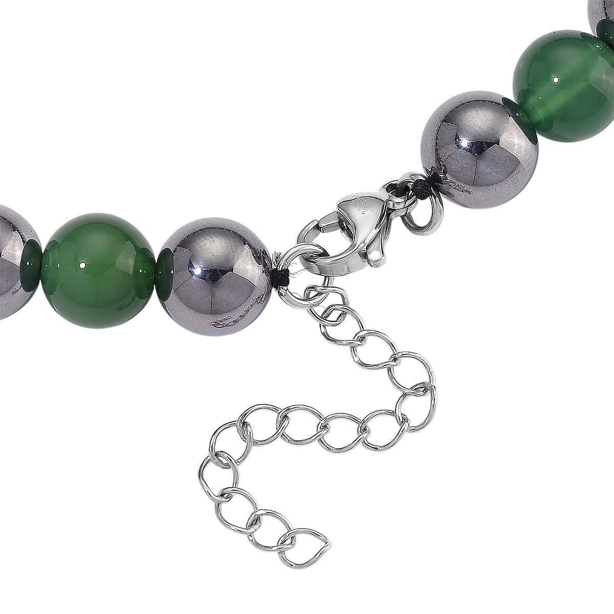 Green Onyx and Terahertz 300.00 ctw Beaded Necklace in Stainless Steel 18-20 Inches image number 4