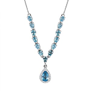 D'Joy Premium Cambodian Blue Zircon and Moissanite 4.50 ctw Dynasty Drip Necklace in Rhodium Over Sterling Silver 18 Inches