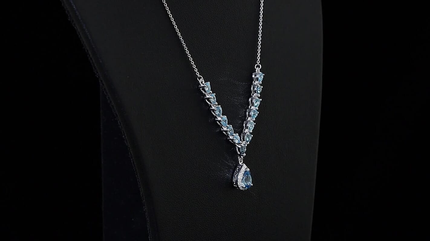 D'Joy Premium Cambodian Blue Zircon and Moissanite 4.50 ctw Dynasty Drip Necklace in Rhodium Over Sterling Silver 18 Inches