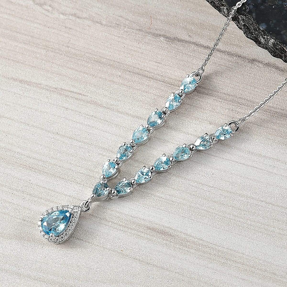 D'Joy Premium Cambodian Blue Zircon and Moissanite 4.50 ctw Dynasty Drip Necklace in Rhodium Over Sterling Silver 18 Inches image number 1