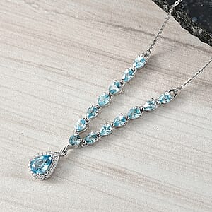 D'Joy Premium Cambodian Blue Zircon and Moissanite 4.50 ctw Dynasty Drip Necklace in Rhodium Over Sterling Silver 18 Inches