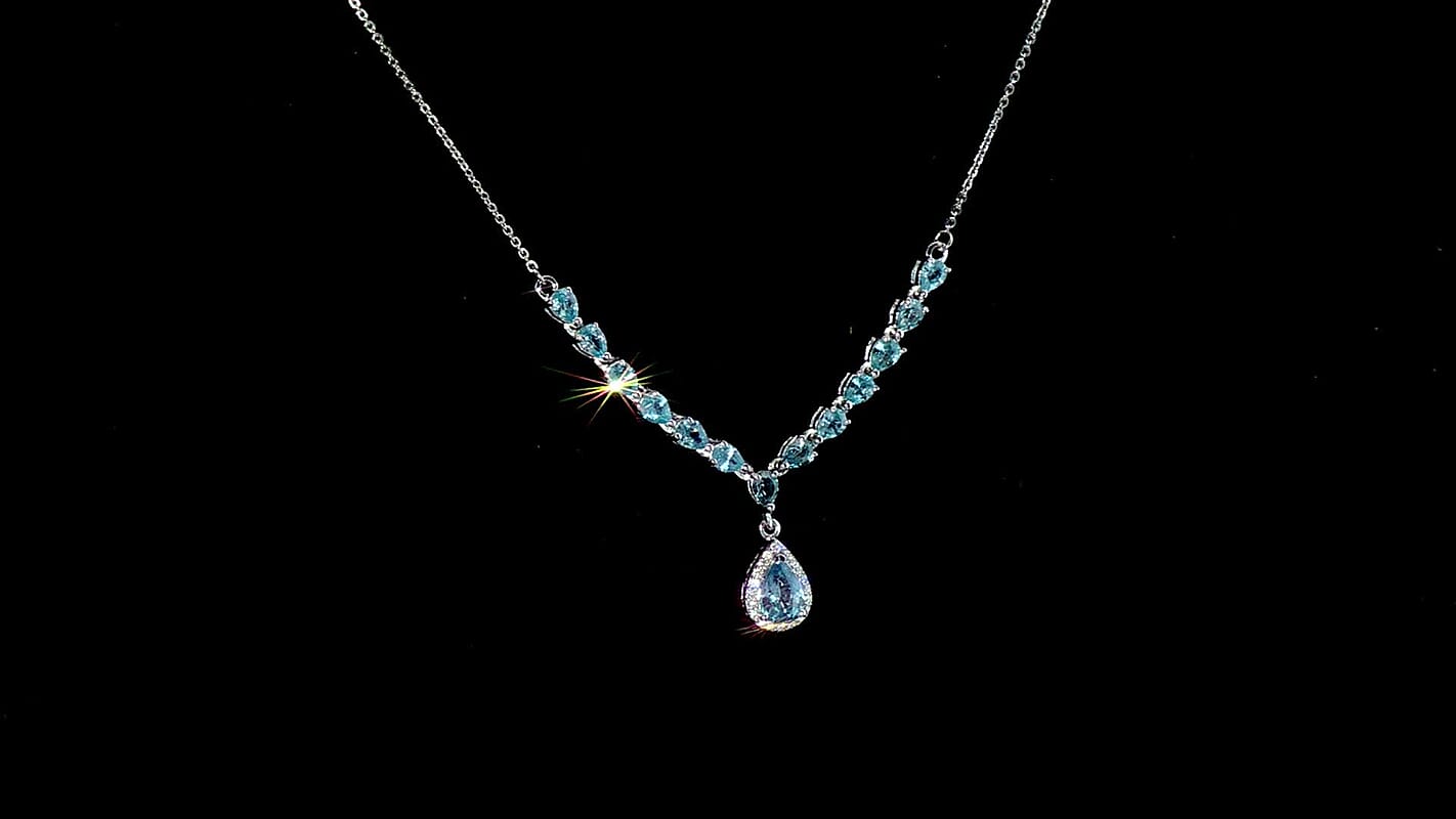D'Joy Premium Cambodian Blue Zircon and Moissanite 4.50 ctw Dynasty Drip Necklace in Rhodium Over Sterling Silver 18 Inches