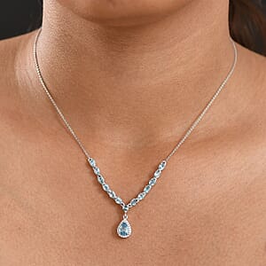 D'Joy Premium Cambodian Blue Zircon and Moissanite 4.50 ctw Dynasty Drip Necklace in Rhodium Over Sterling Silver 18 Inches