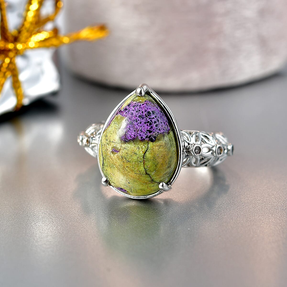 EverTrue Tasmanian Stichtite and White Zircon 8.20 ctw Mystic Earth Drop Ring in Platinum Bond (Size 10.0) image number 1