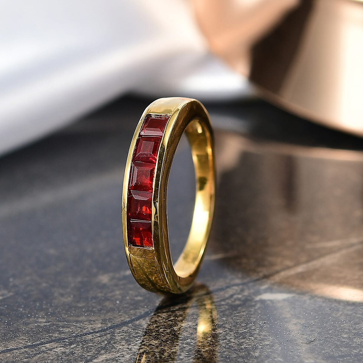 D'Joy Mexican Cherry Fire Opal 0.50 ctw Art Deco Ring in 18K Vermeil Yellow Gold Over Sterling Silver (Size 5.0) image number 1