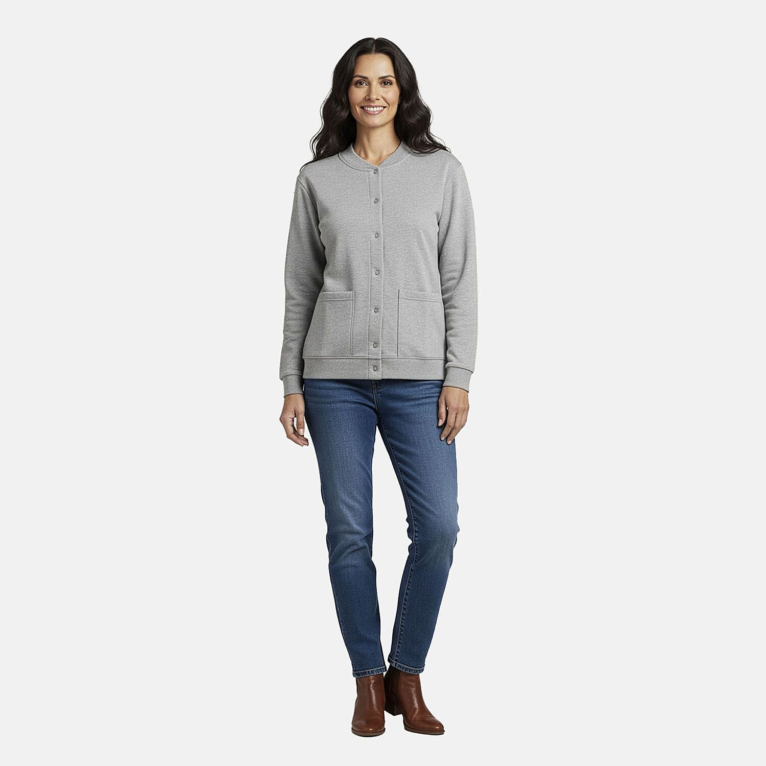 CATALOGUE CLASSIC Heather Gray Snap Front Fleece Cardigan with Pockets - L