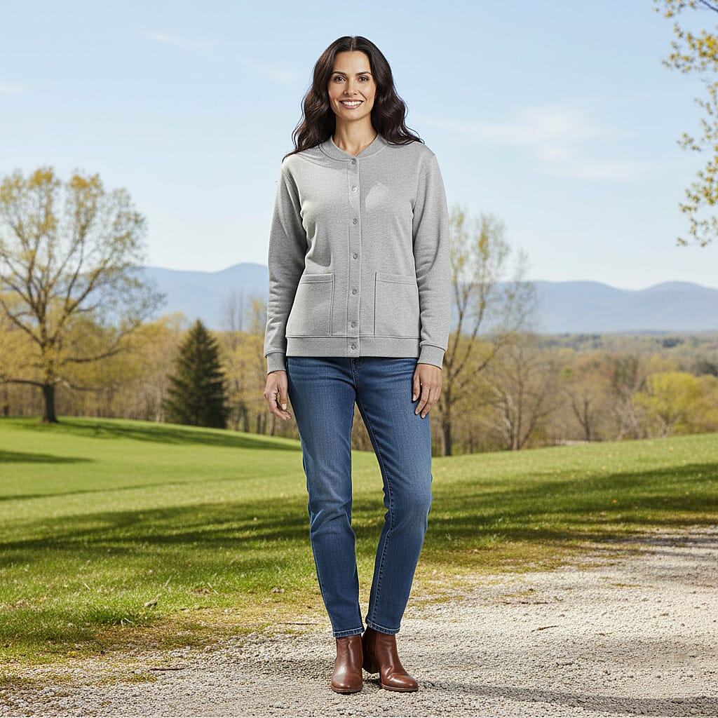 CATALOGUE CLASSIC Heather Gray Snap Front Fleece Cardigan with Pockets - L
