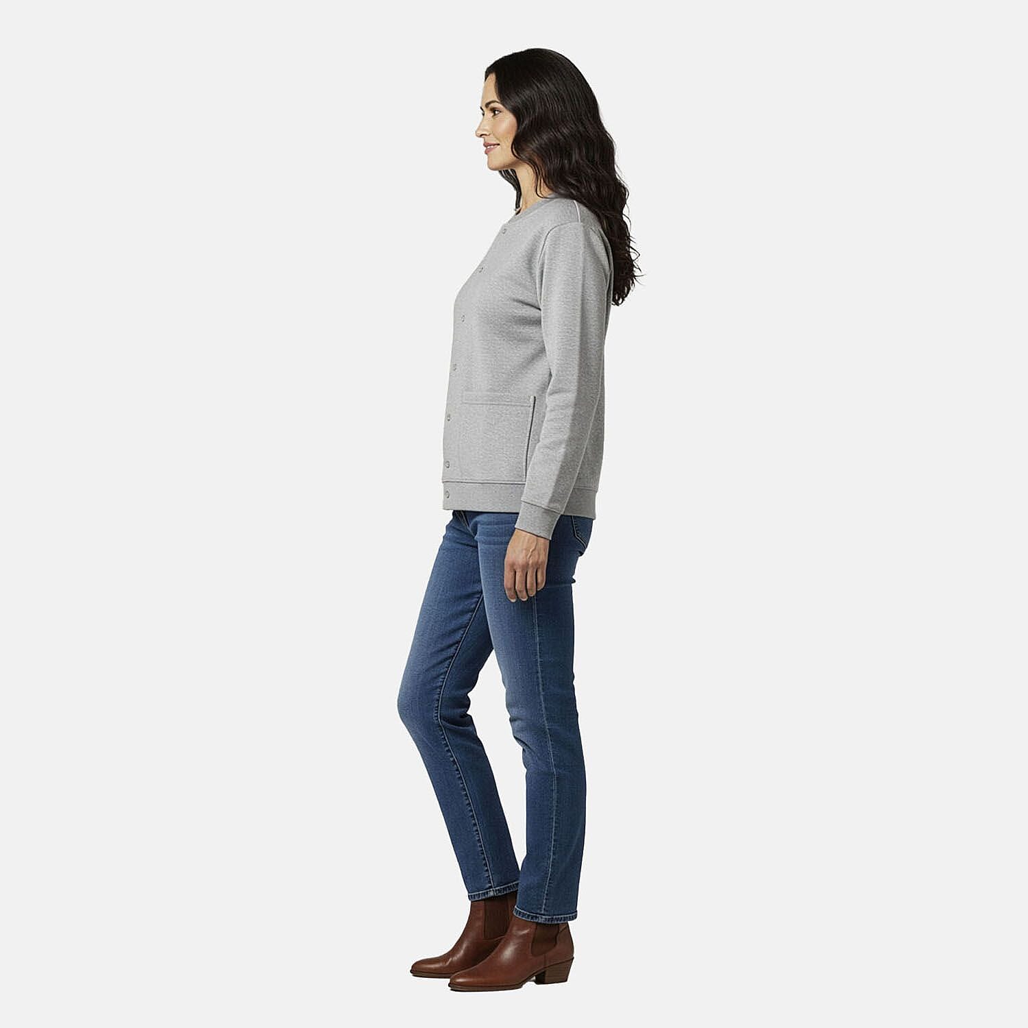 CATALOGUE CLASSIC Heather Gray Snap Front Fleece Cardigan with Pockets - L