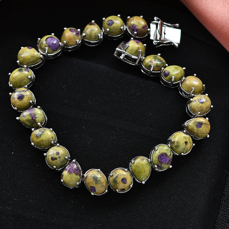 EverTrue Tasmanian Stichtite 47.65 ctw Multi Shapes Mystic Earth Link Bracelet in Platinum Bond (8.00 In)